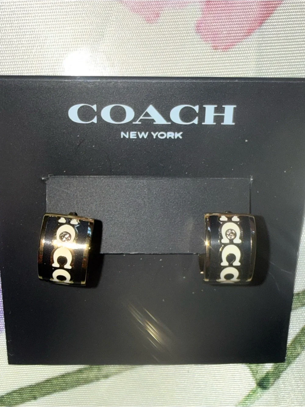 Coach Black and Gold tone Signature C Huggie Earrings - Picture 2 of 5